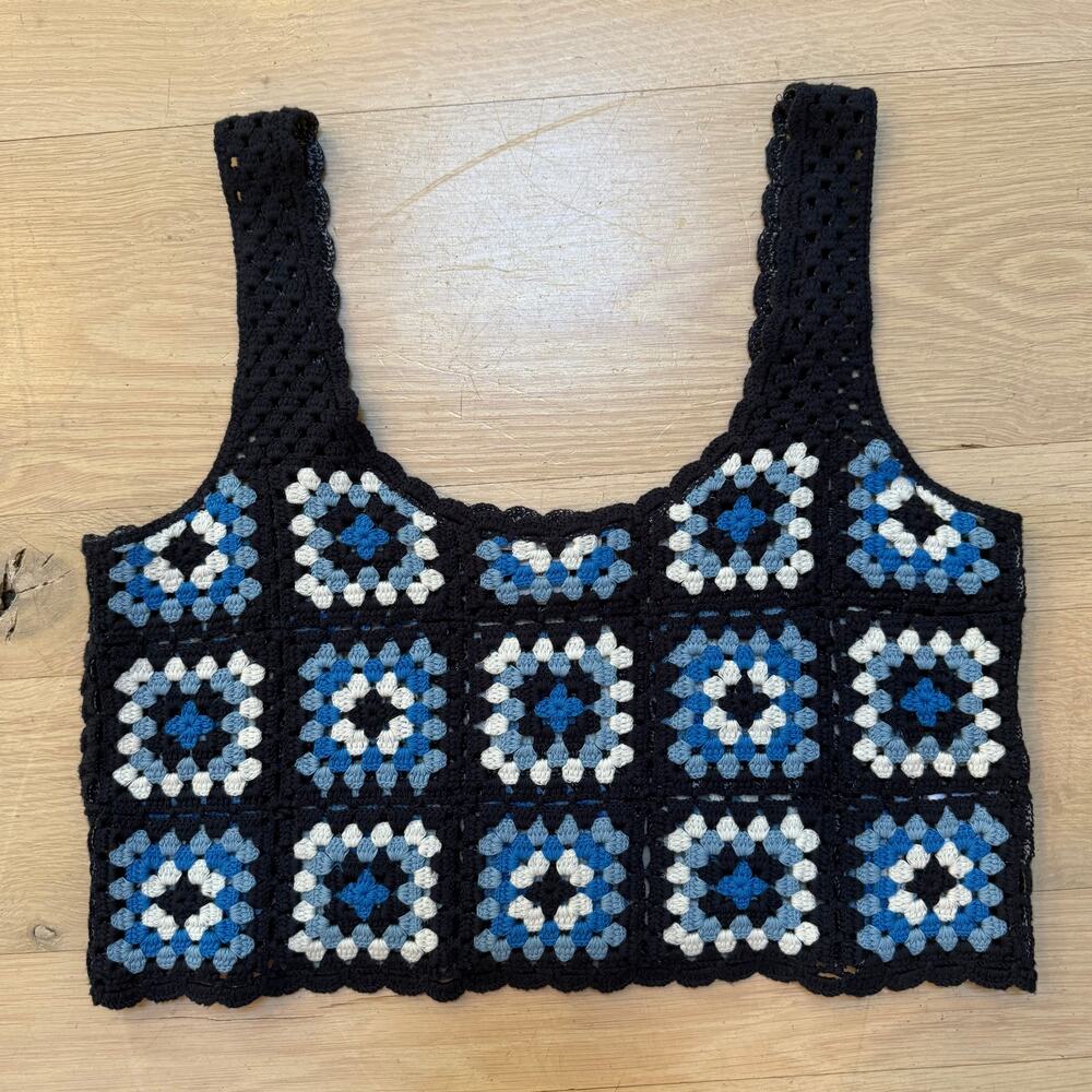Sincerely Jules Granny Square Knit Crop Tank Top SZ S Blue Boho Hippie Festival